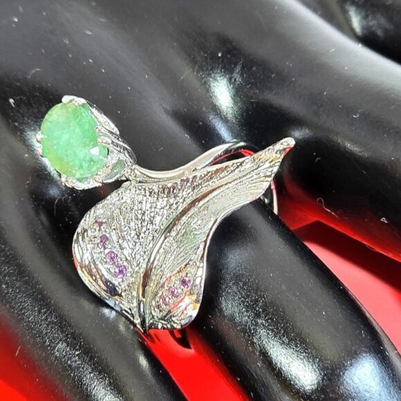 925 Sterling Silver Leaf Ring Sz 8 with Naural Emerald & Garnet Gemstone - Picture 5 of 13